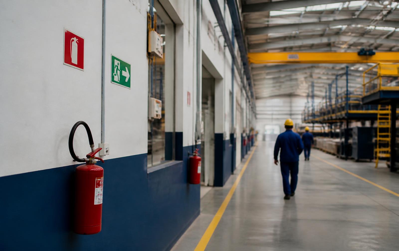 Corredor industrial com placas de sinalização de extintor e saída de emergência