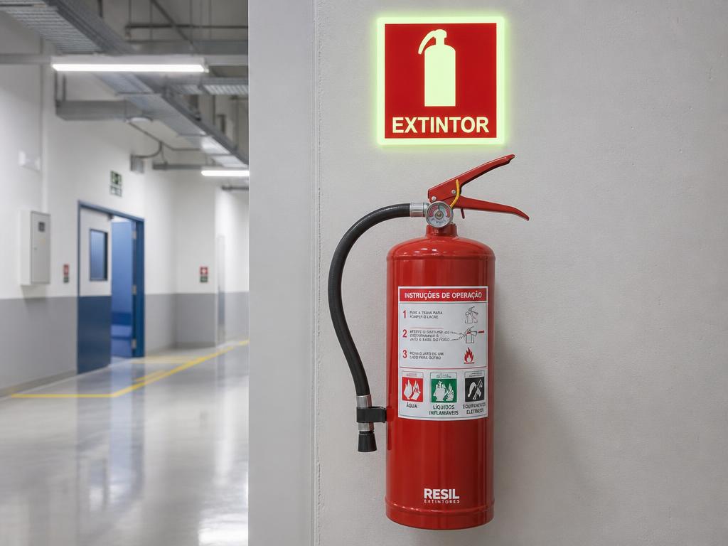 Extintor de incêndio com placa fotoluminescente escrita EXTINTOR