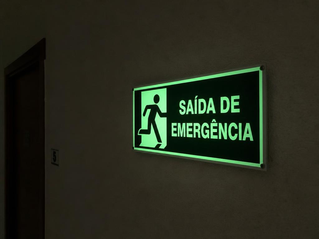 Placa fotoluminescente de saída de emergência brilhando em corredor escuro