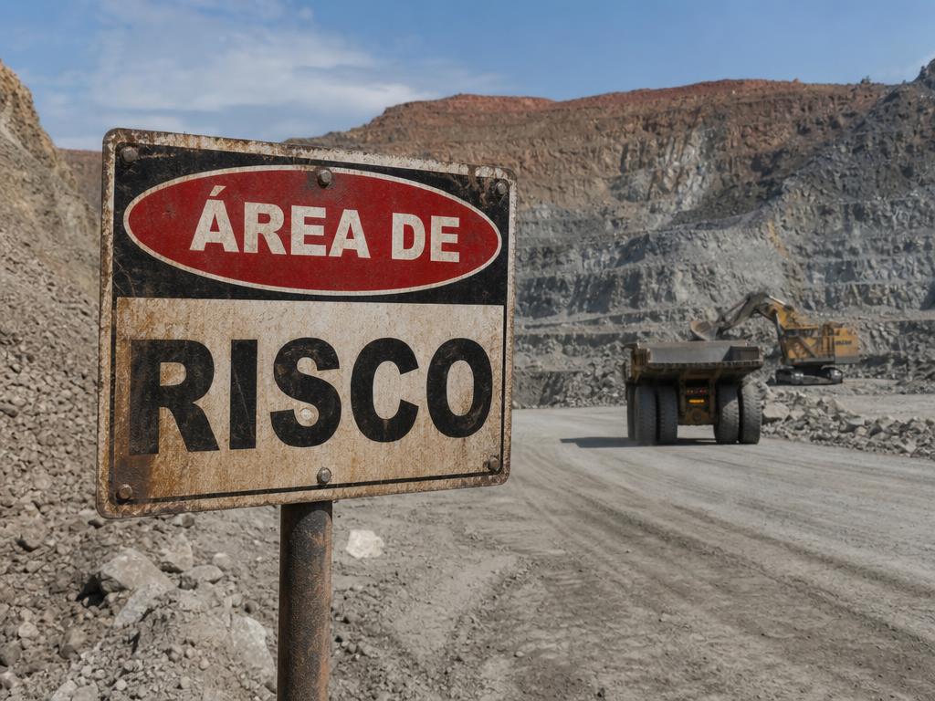 Placa de área de risco em via de mina a céu aberto