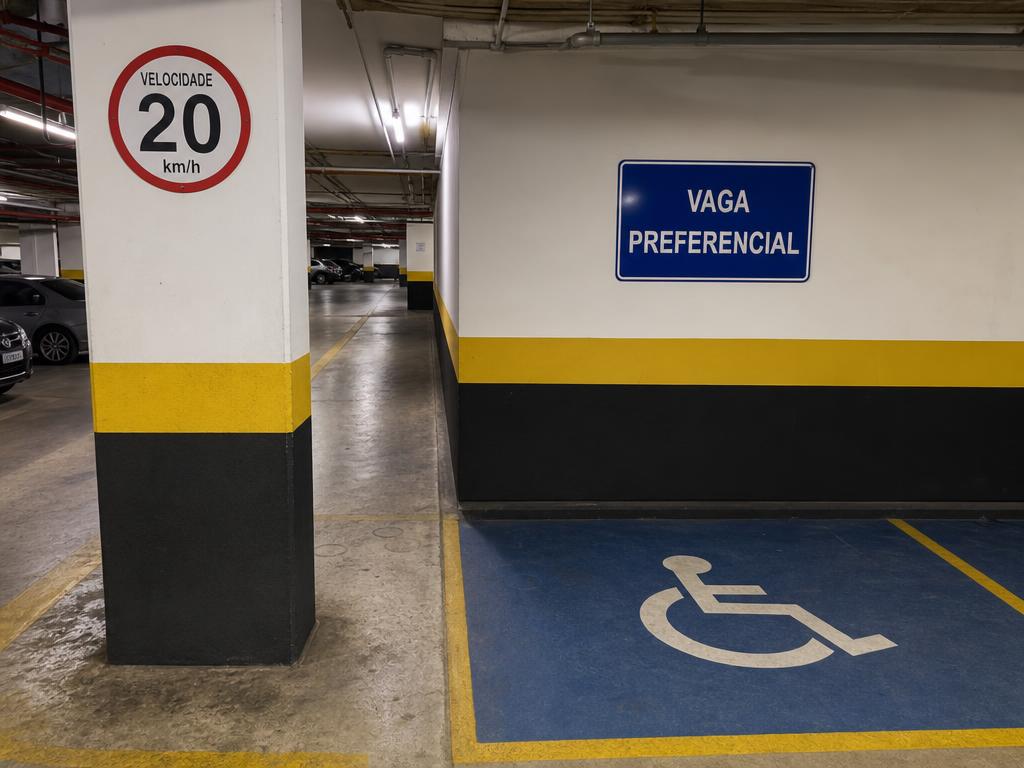 Placas de velocidade 20 km/h e vaga preferencial em estacionamento