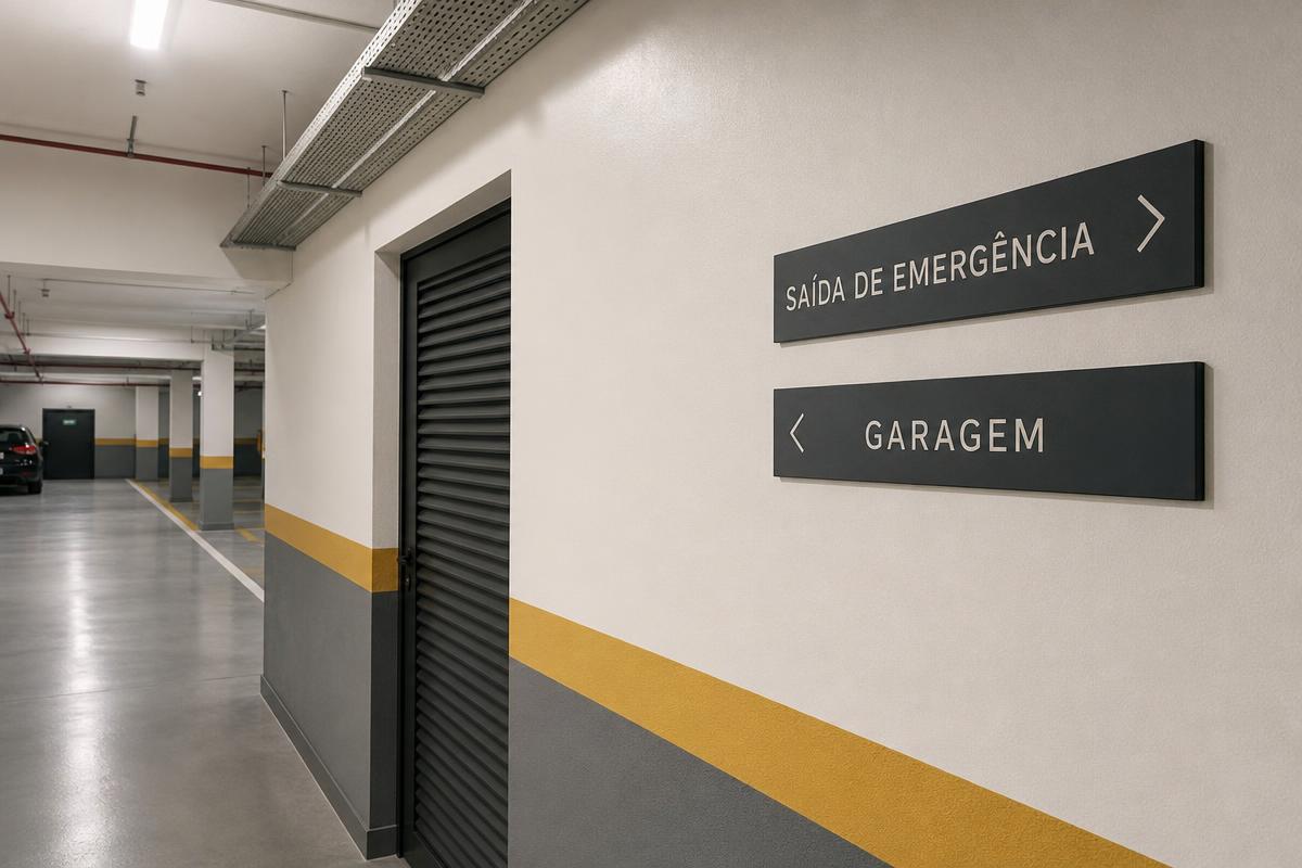 Placas de saída de emergência e garagem em corredor de condomínio