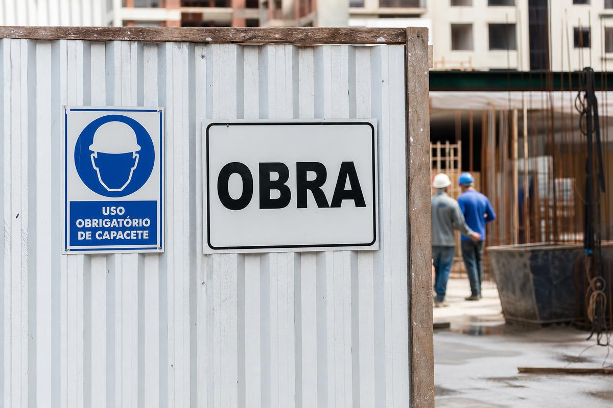 Placas de uso obrigatório de capacete no tapume de uma obra