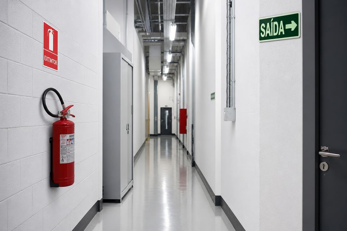 Corredor com placa de extintor e placa de saída de emergência