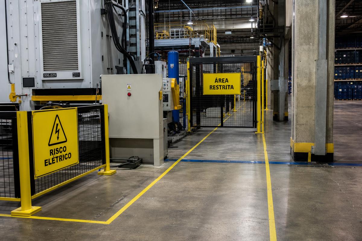 Sinalização de risco elétrico e área restrita em chão de fábrica