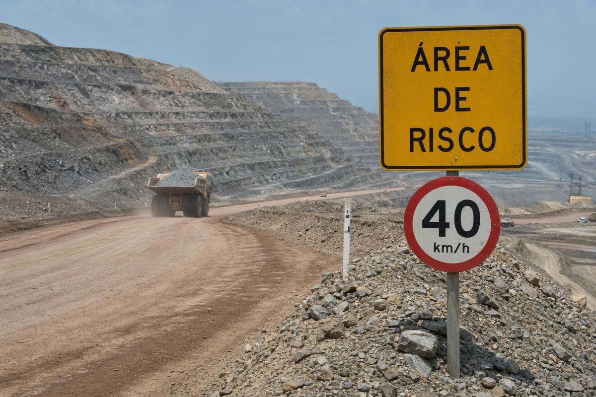 Placa de área de risco em via de mina a céu aberto